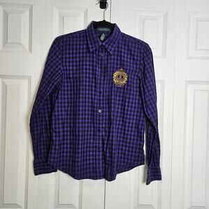 Lauren Ralph Lauren Purple and Black Gingham Checked Button Up Gold Crested M